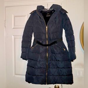 Zara Long Belted Puffer Jacket - Navy Blue